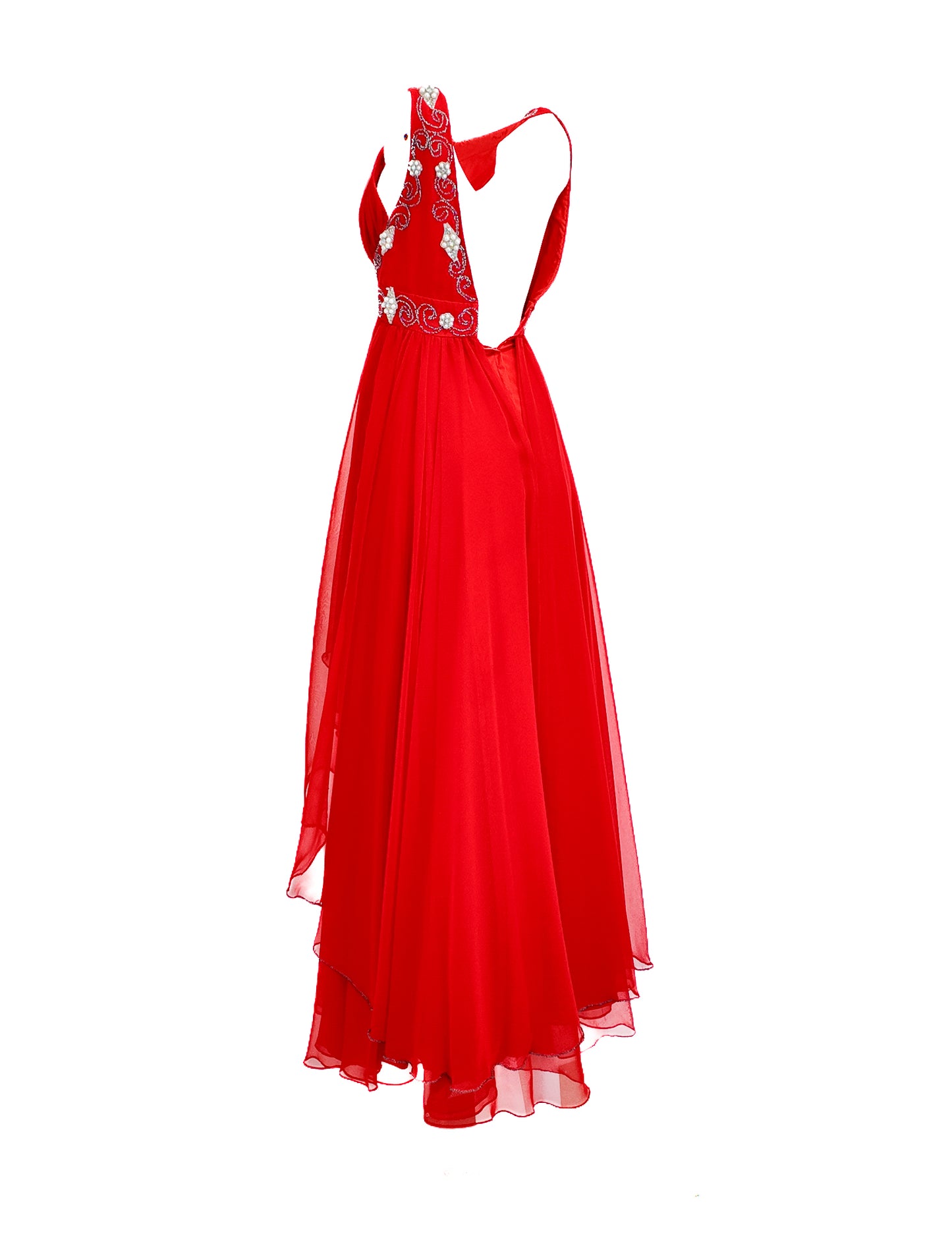 Red evening gown with floral embellishments on a white background