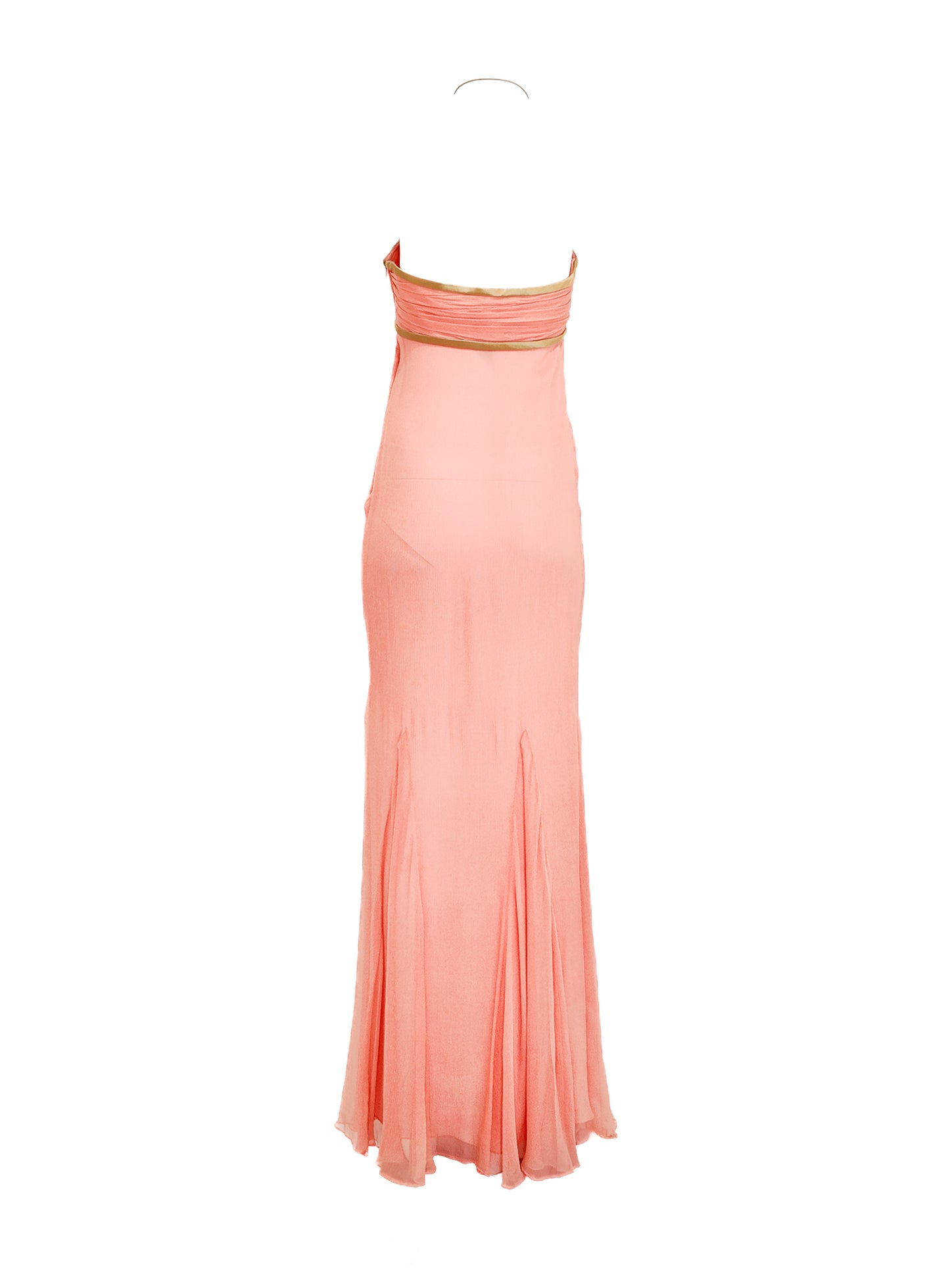 J Mendel Coral Strapless Halter Silk Chiffon Gown with Gold Ribbon