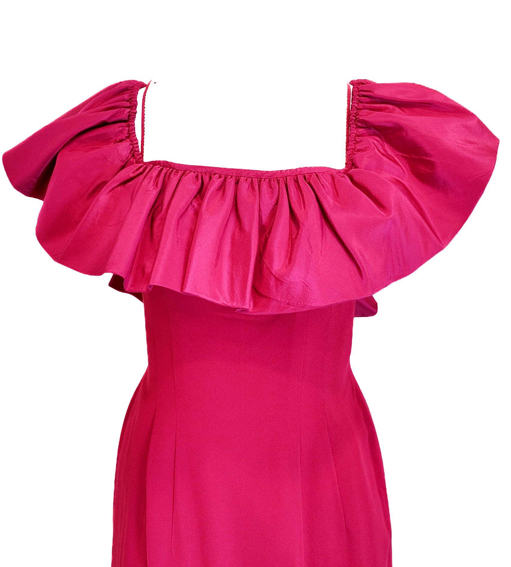 Pink off-shoulder dress with ruffled sleeves on a white background
