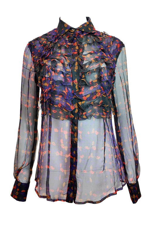 D&G F/W 2008 Black Sheer Printed Top with Center Ruffle