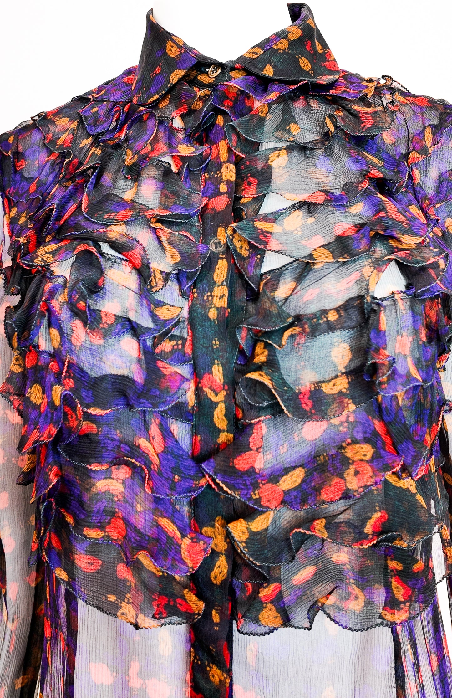 D&G F/W 2008 Black Sheer Printed Top with Center Ruffle