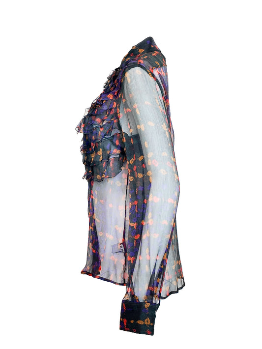 D&G F/W 2008 Black Sheer Printed Top with Center Ruffle