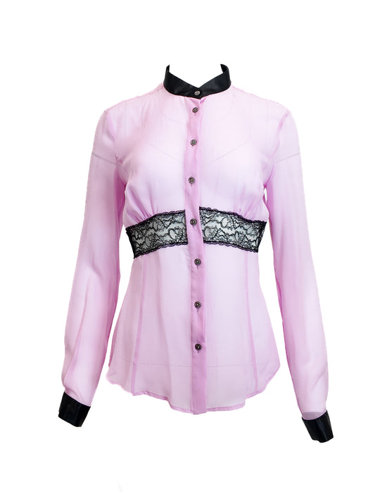 D&G Pink Long Sleeve Button Down Lace Trim Blouse