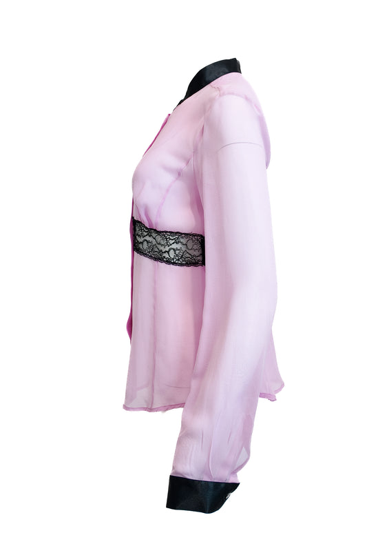 D&G Pink Long Sleeve Button Down Lace Trim Blouse