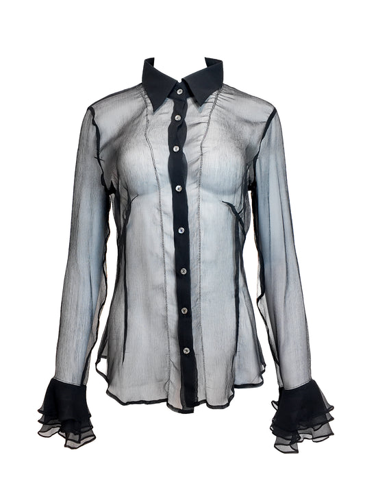 D&G Black Sheer Button Down Blouse with Ruffled Sleeves