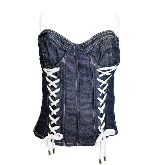 D&G Denim corset with white laces on a white background