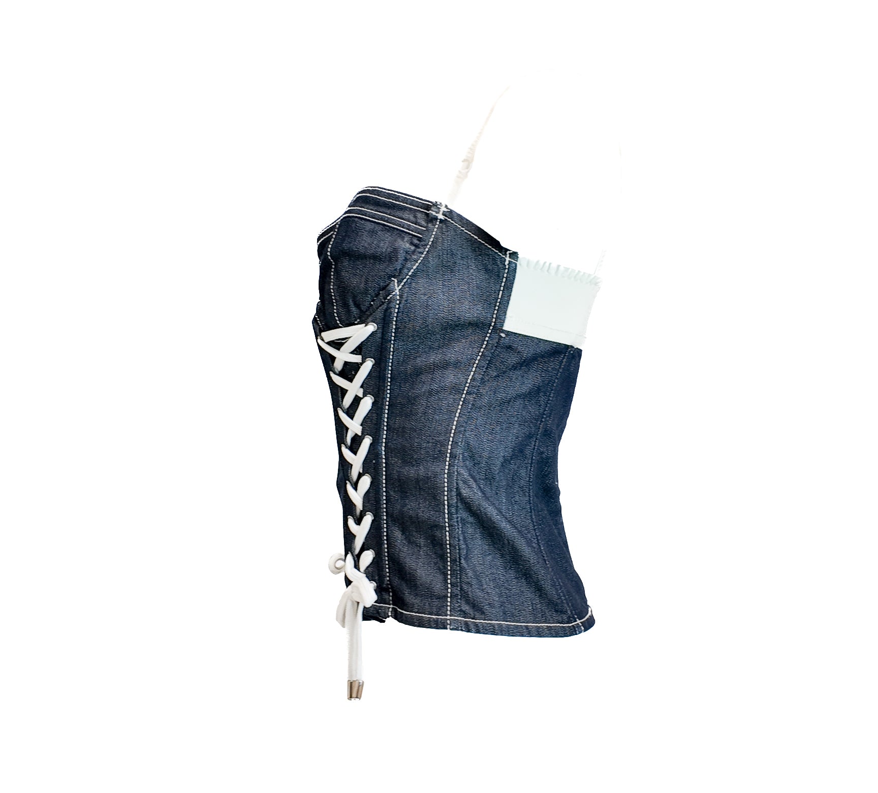 D&G Denim corset with white lace-up front on a white background