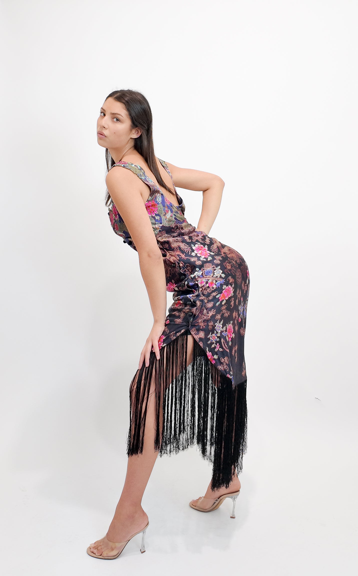 Iceberg Floral Print Silk Dress With Fringe Hem & Embroidered Trim