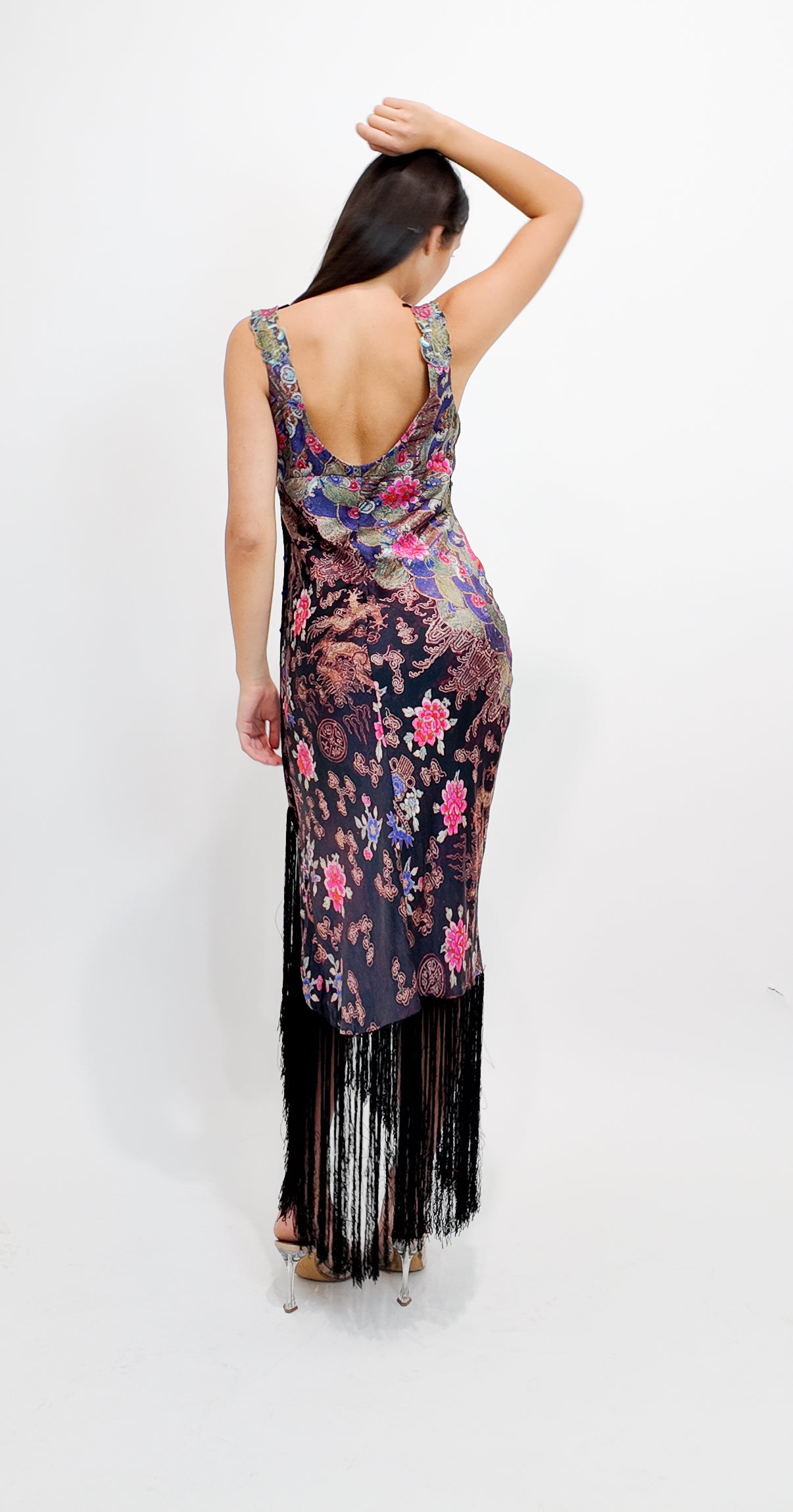 Iceberg Floral Print Silk Dress With Fringe Hem & Embroidered Trim