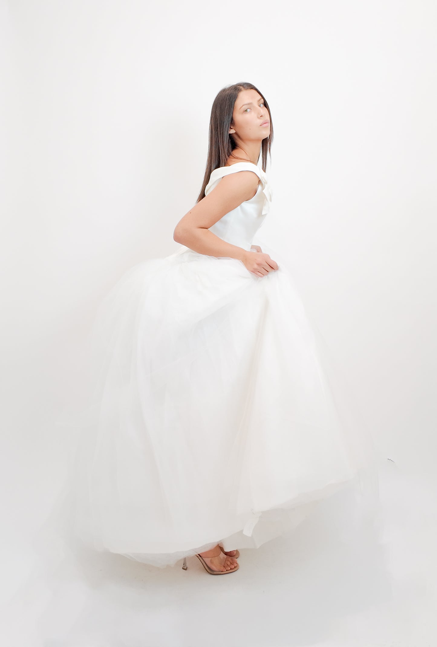 1997 Bob Evans from Neiman Marcus Silk Off the Shoulder Bow Detail Gown with Tulle Skirt