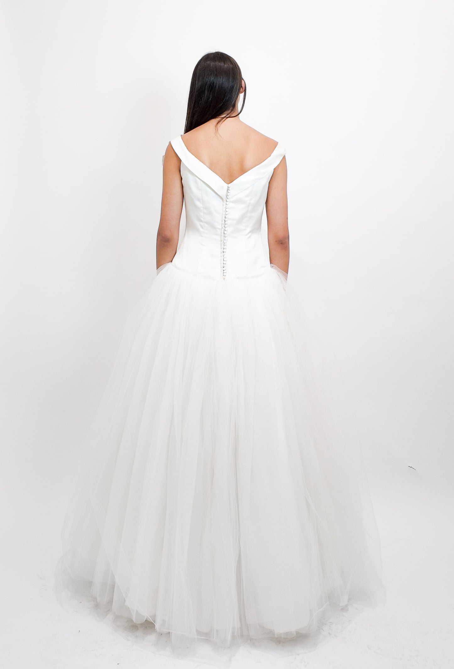1997 Bob Evans from Neiman Marcus Silk Off the Shoulder Bow Detail Gown with Tulle Skirt