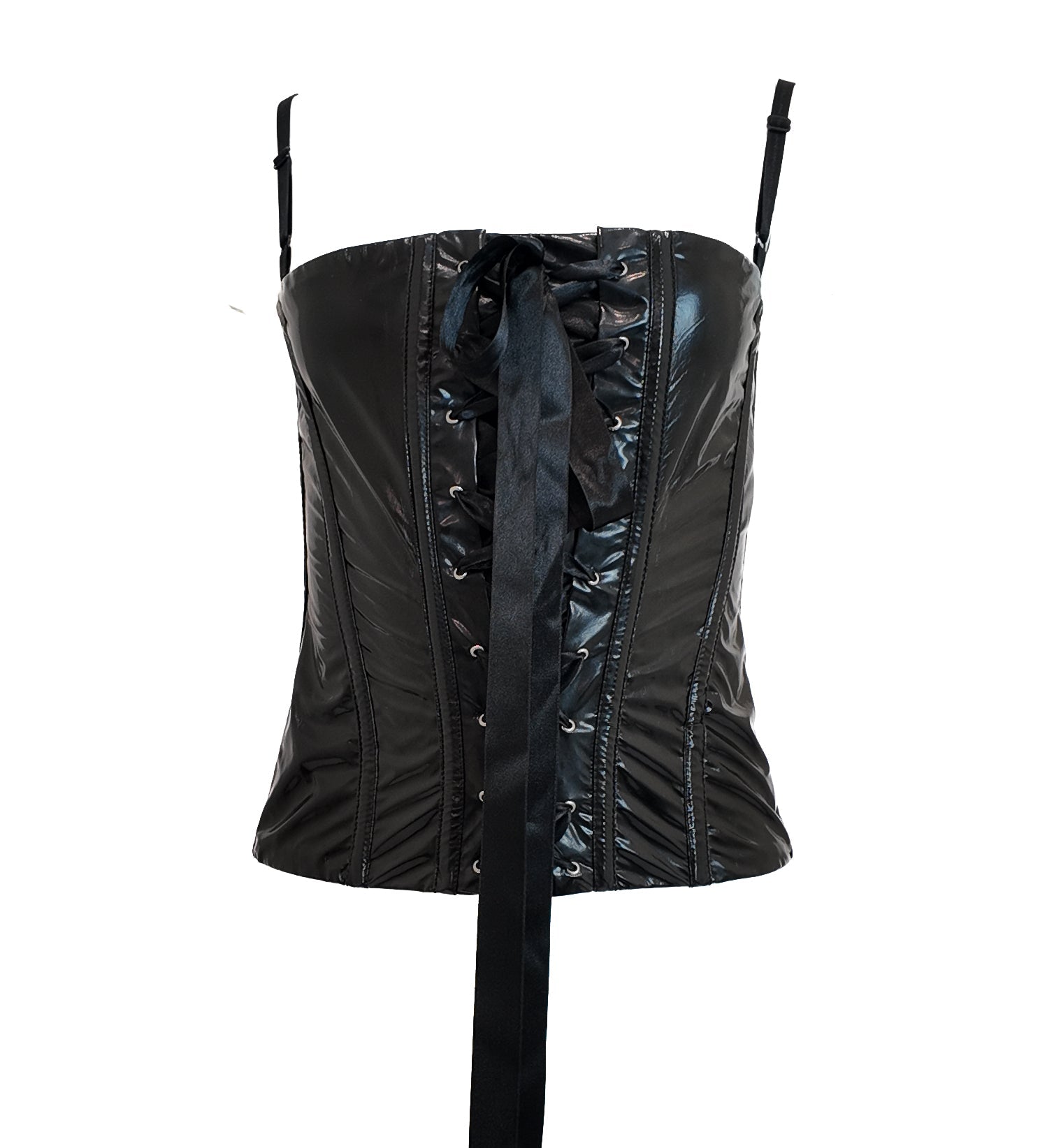 Black corset with long ribbons on a white background