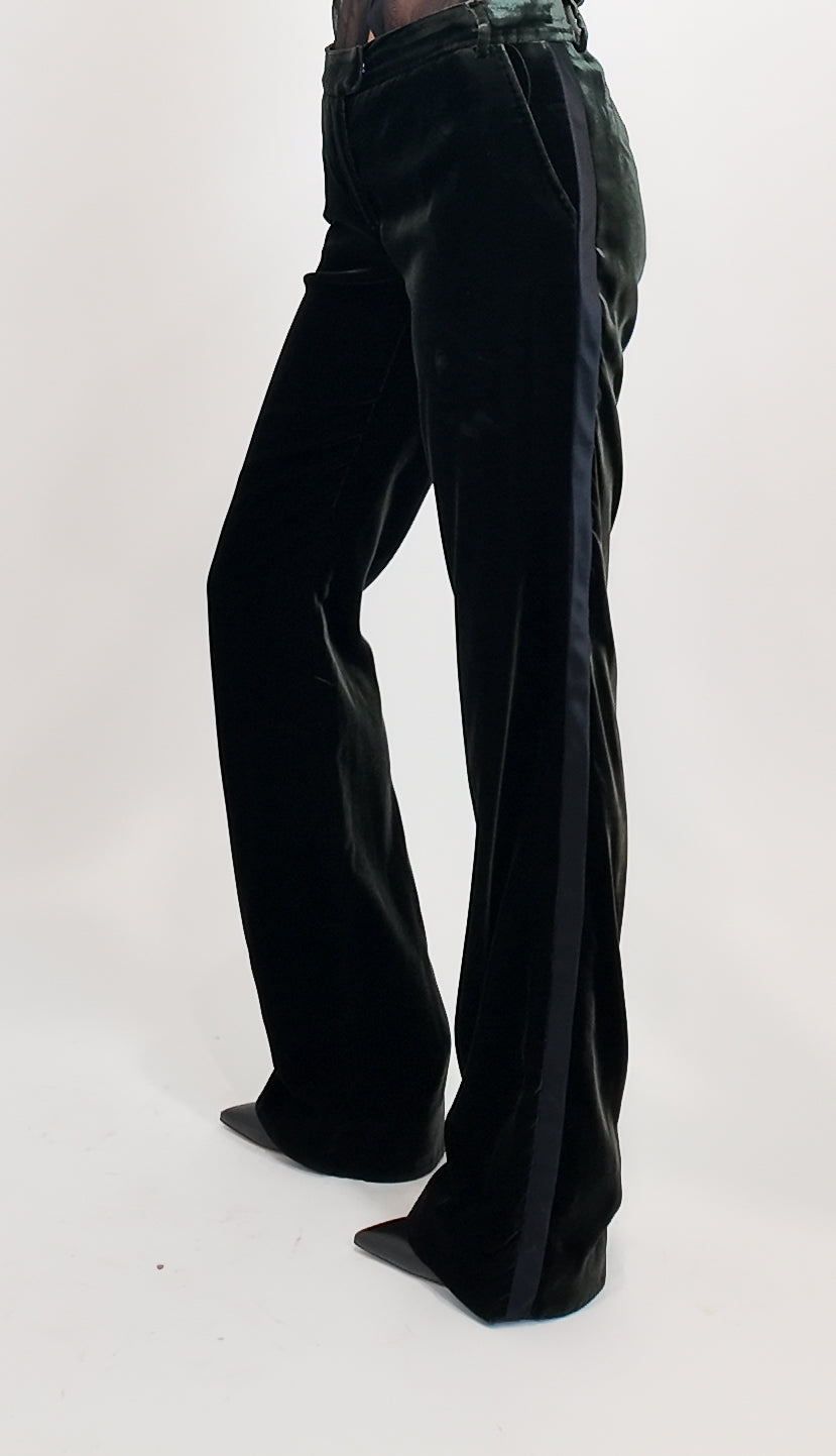 Green wide-leg tuxedo pants on a white background