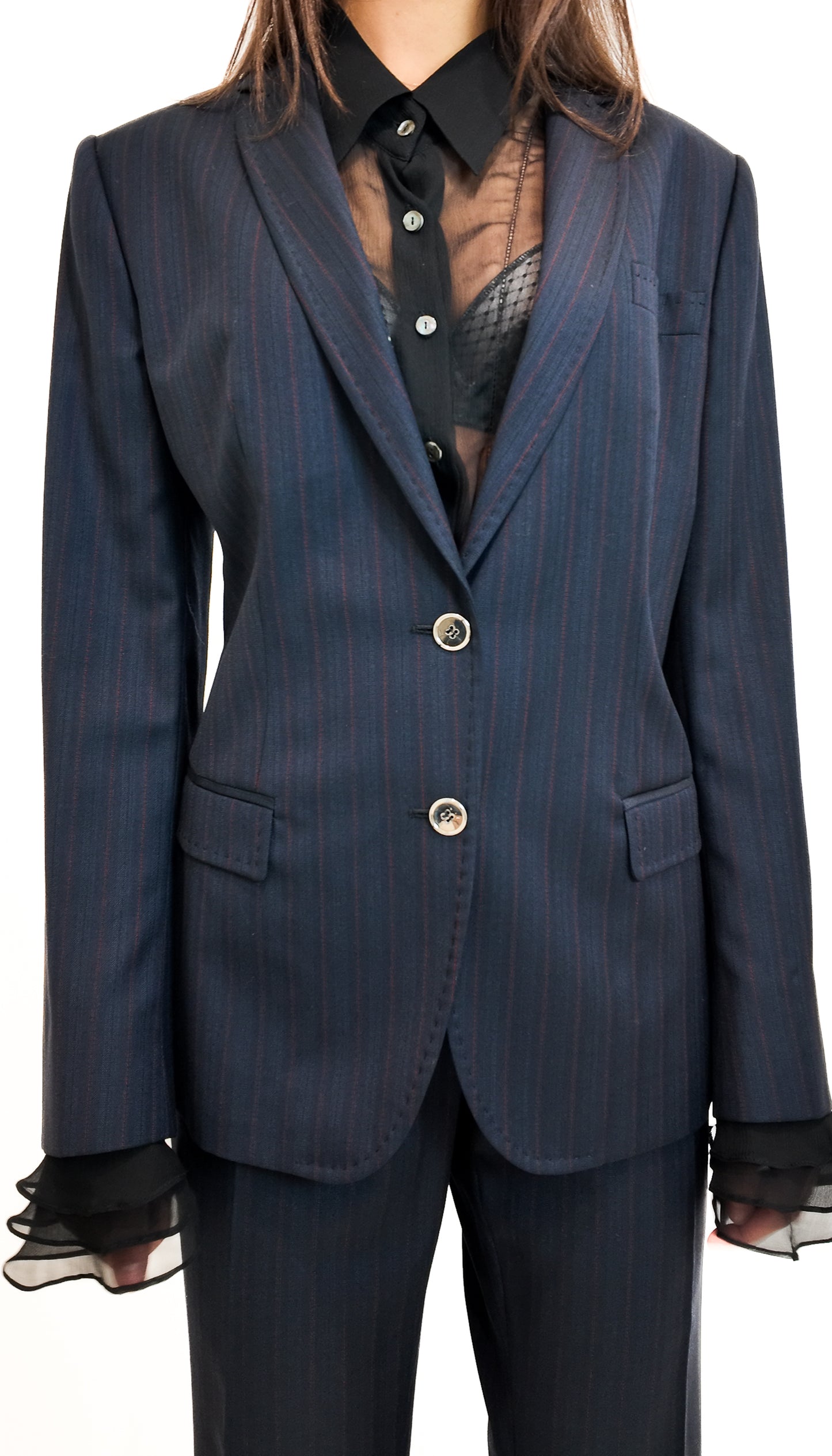 Navy pinstripe suit jacket with a white background