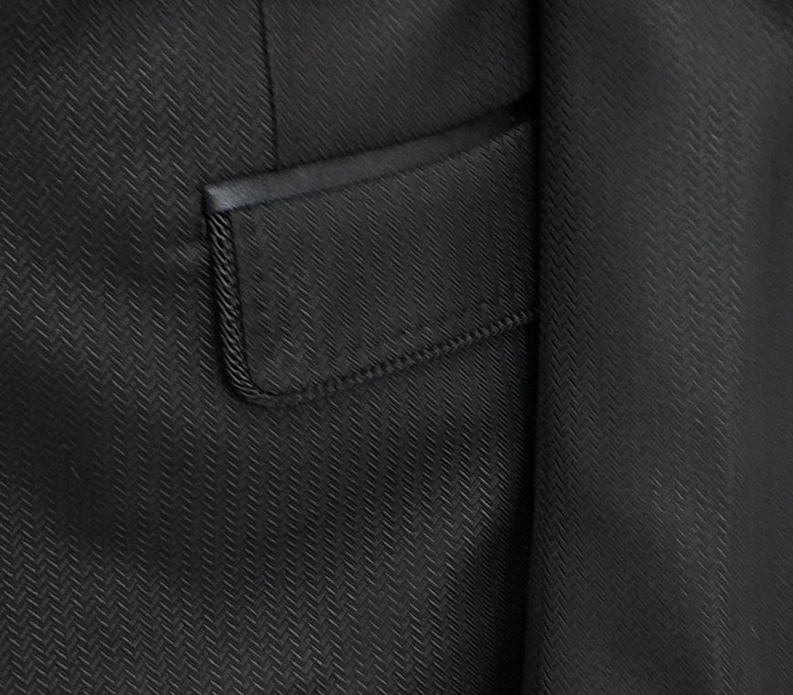 Close-up of a black textured fabric with a pocket