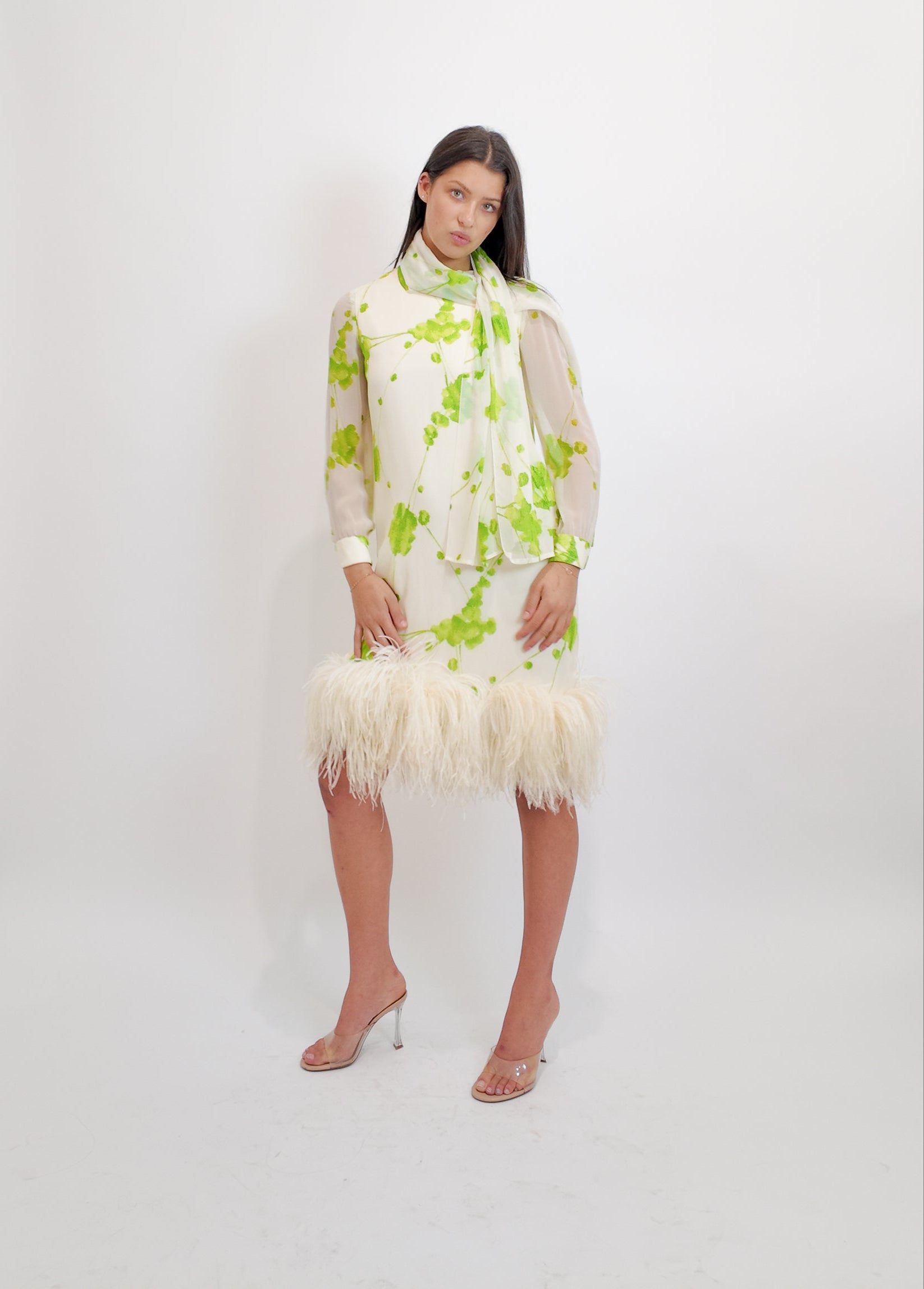 Pierre Cardin 1960s Chiffon Printed Cocktail Dress with Ostrich Feather Hem