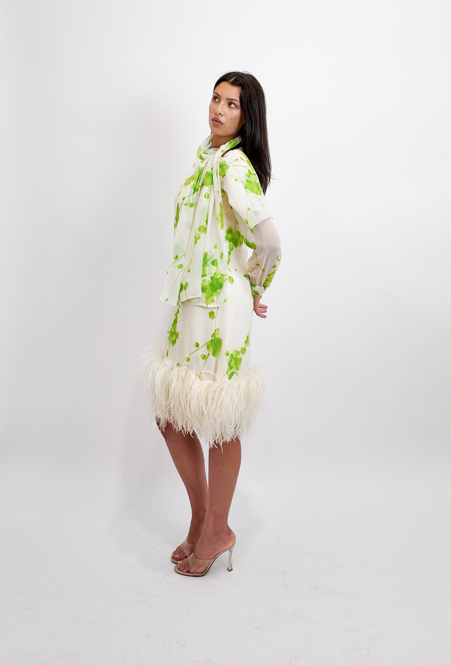 Pierre Cardin 1960s Chiffon Printed Cocktail Dress with Ostrich Feather Hem