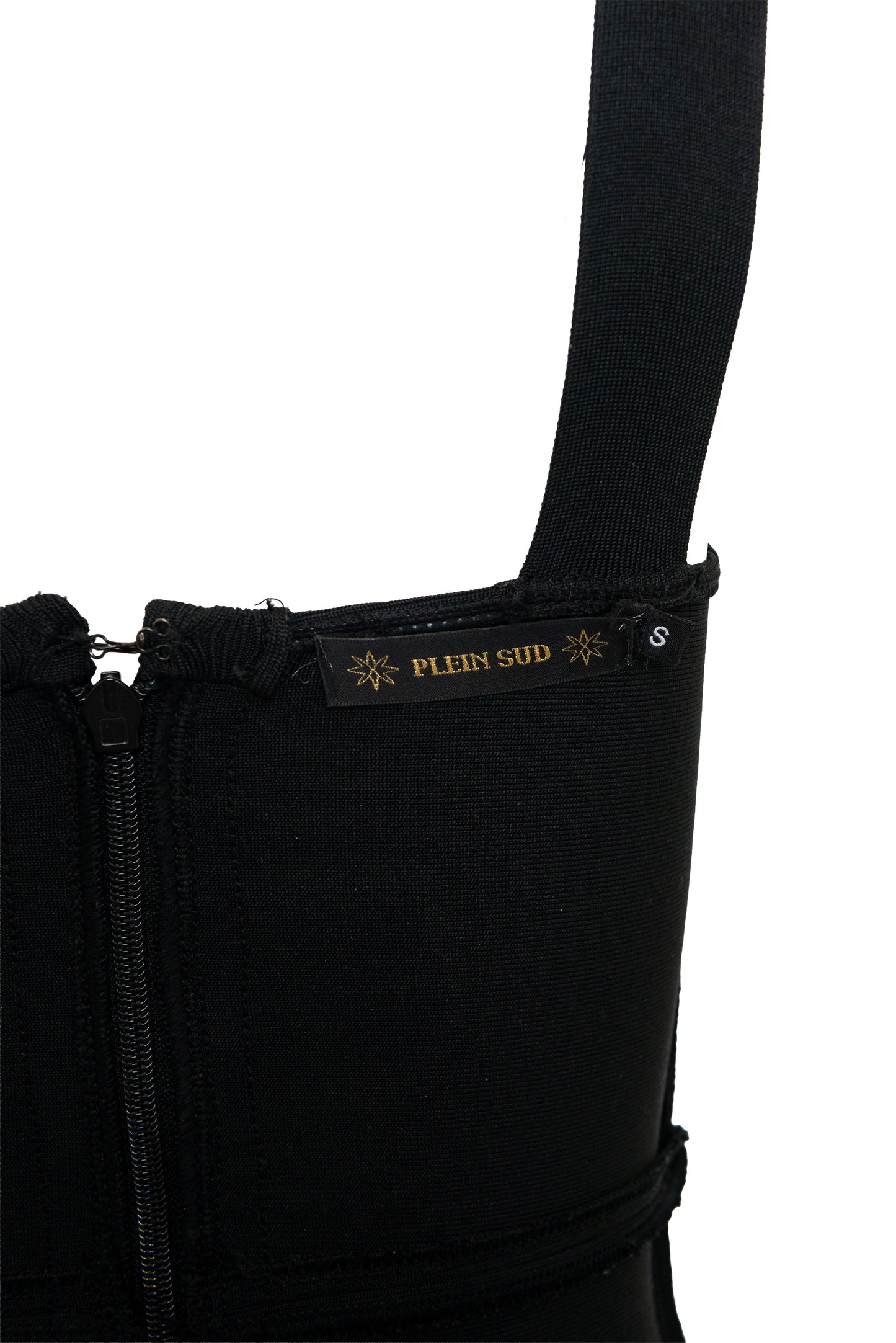 Black dress with 'Plein Sud' brand label on a white background