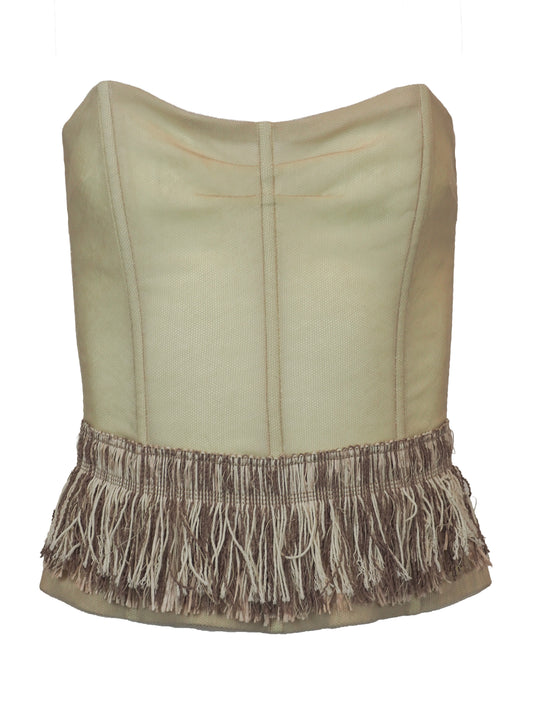 A vintage dolce and Gabbana 2005 runway strapless corset-style top in a light beige fabric, featuring a structured front with vertical seam lines and a wide fringed hem in matching beige and taupe tones