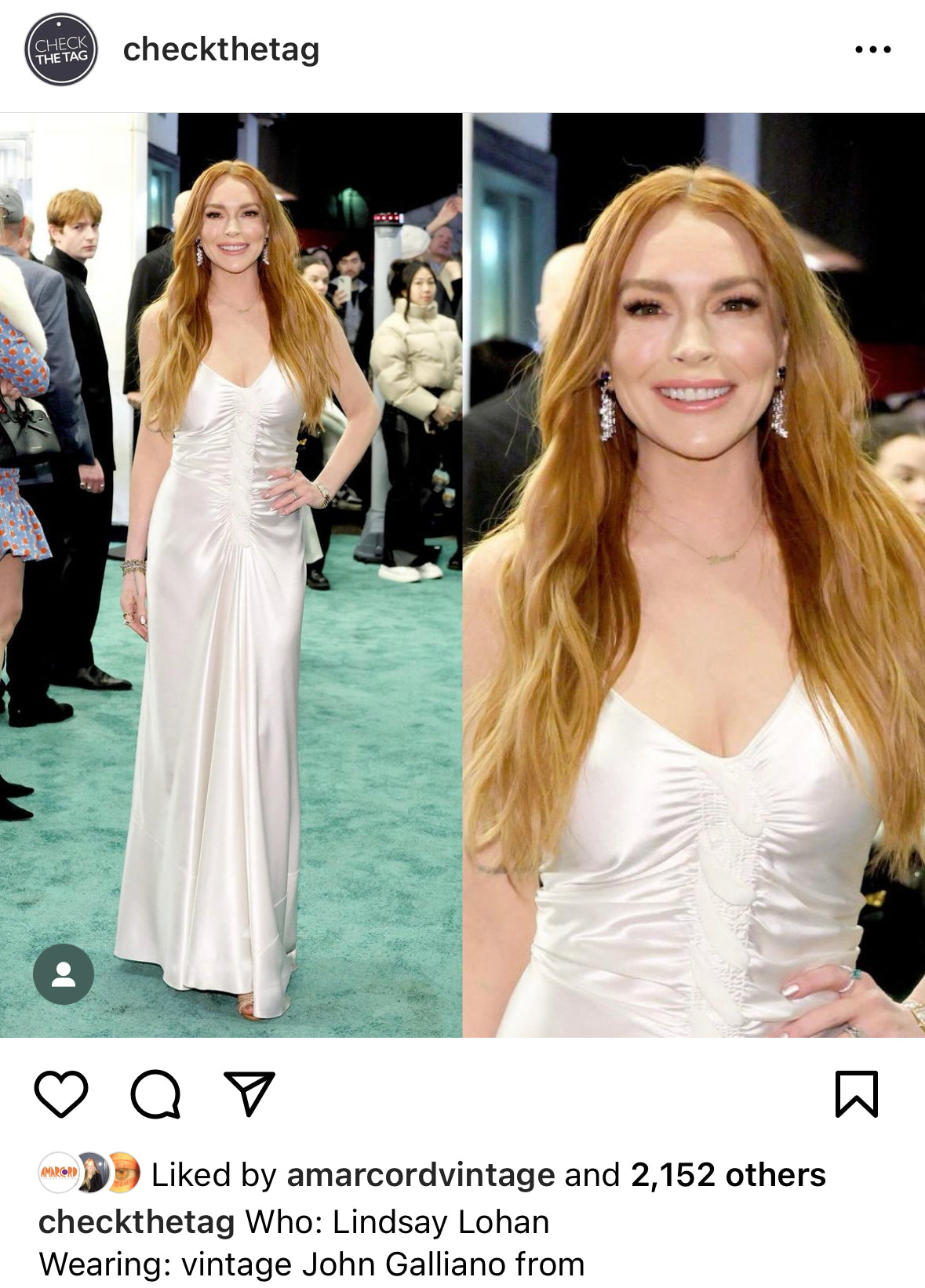 @checkthetag on Instagram posts Lindsay Lohan wearing Lindsay Lohan wearing John Galliano S/S 2006 White Satin Bias Cut Dress at the NYC premiere of "Irish Wish"