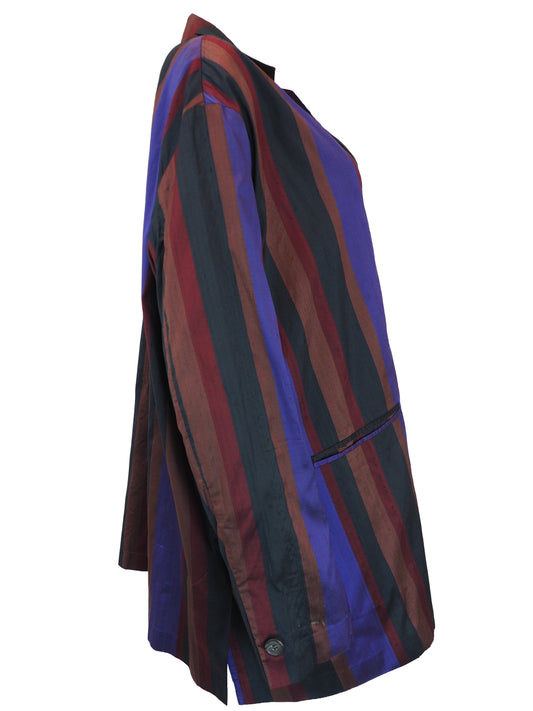 Romeo Gigli Vintage. A long-sleeve striped blazer with vertical stripes in purple, rust red, and black, featuring a three-button front closure and flap pockets.