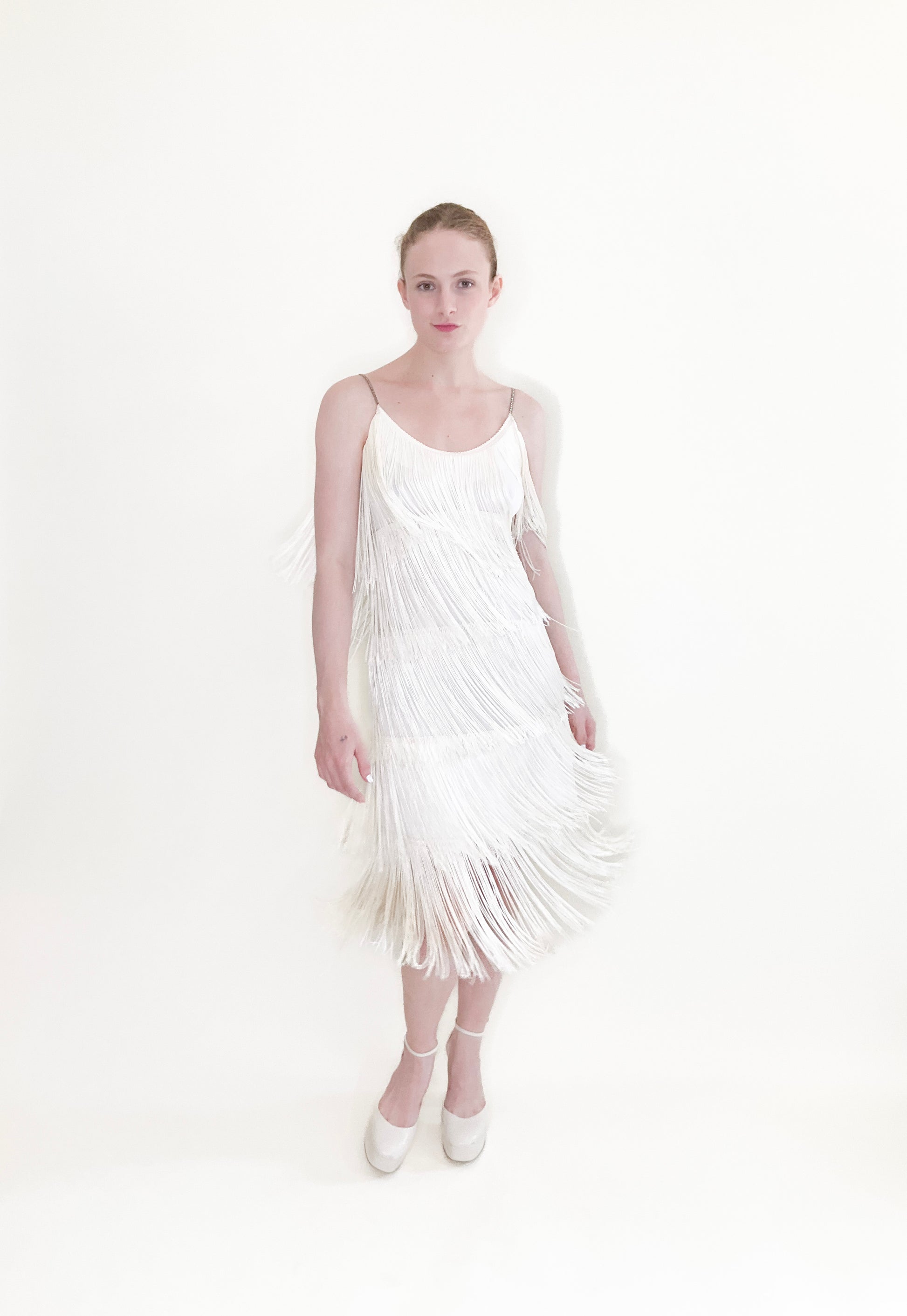 White Fringe Cocktail Dress with Rhinestone straps - The Kit Vintage
