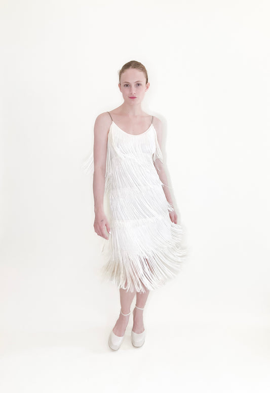 White Fringe Cocktail Dress with Rhinestone straps - The Kit Vintage