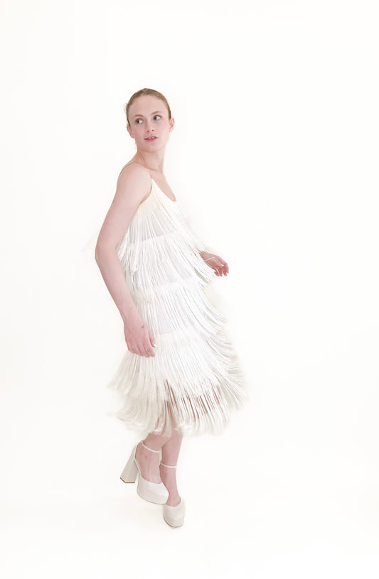 White Fringe Cocktail Dress with Rhinestone straps - The Kit Vintage
