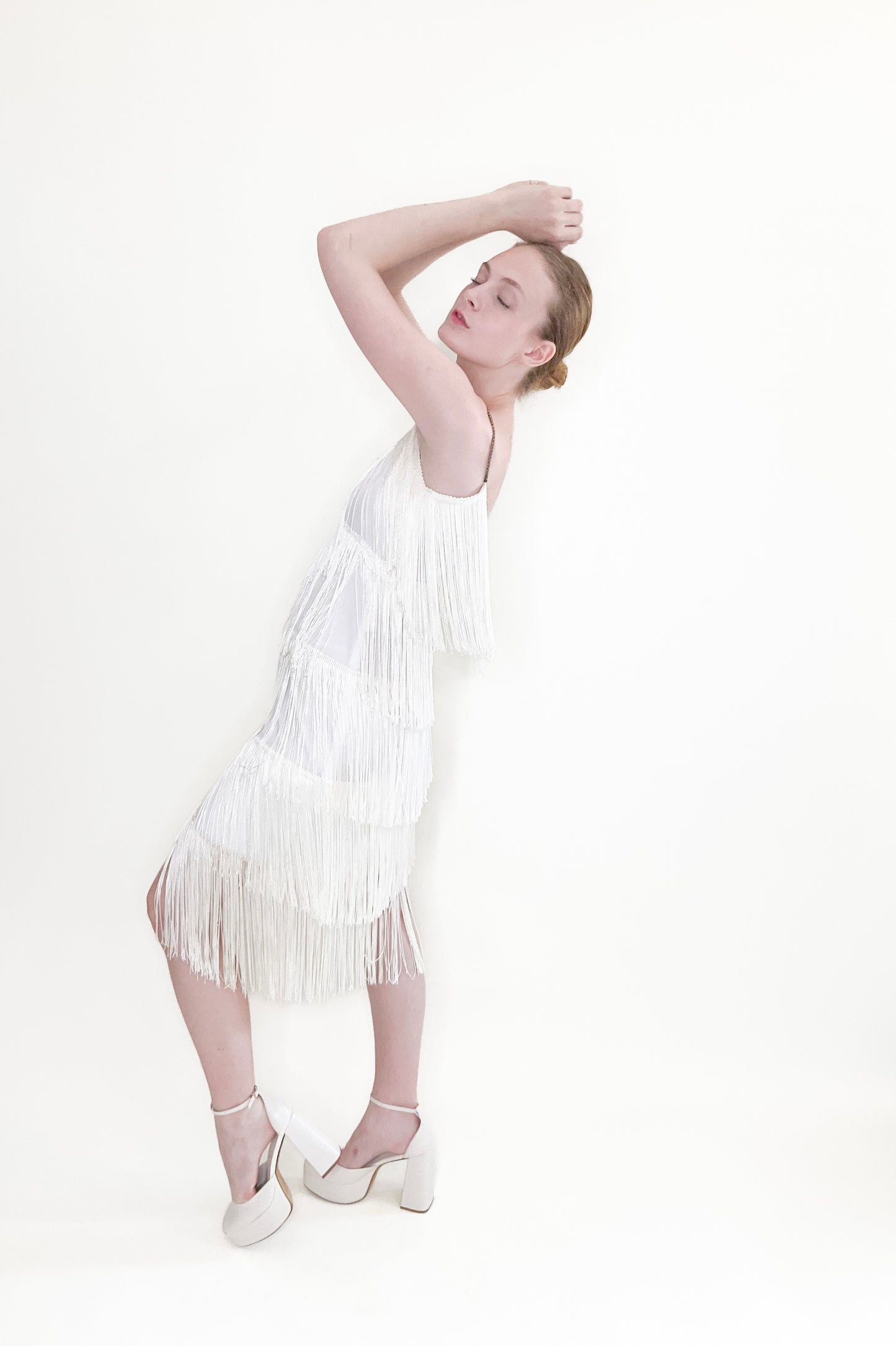 White Fringe Cocktail Dress with Rhinestone straps - The Kit Vintage