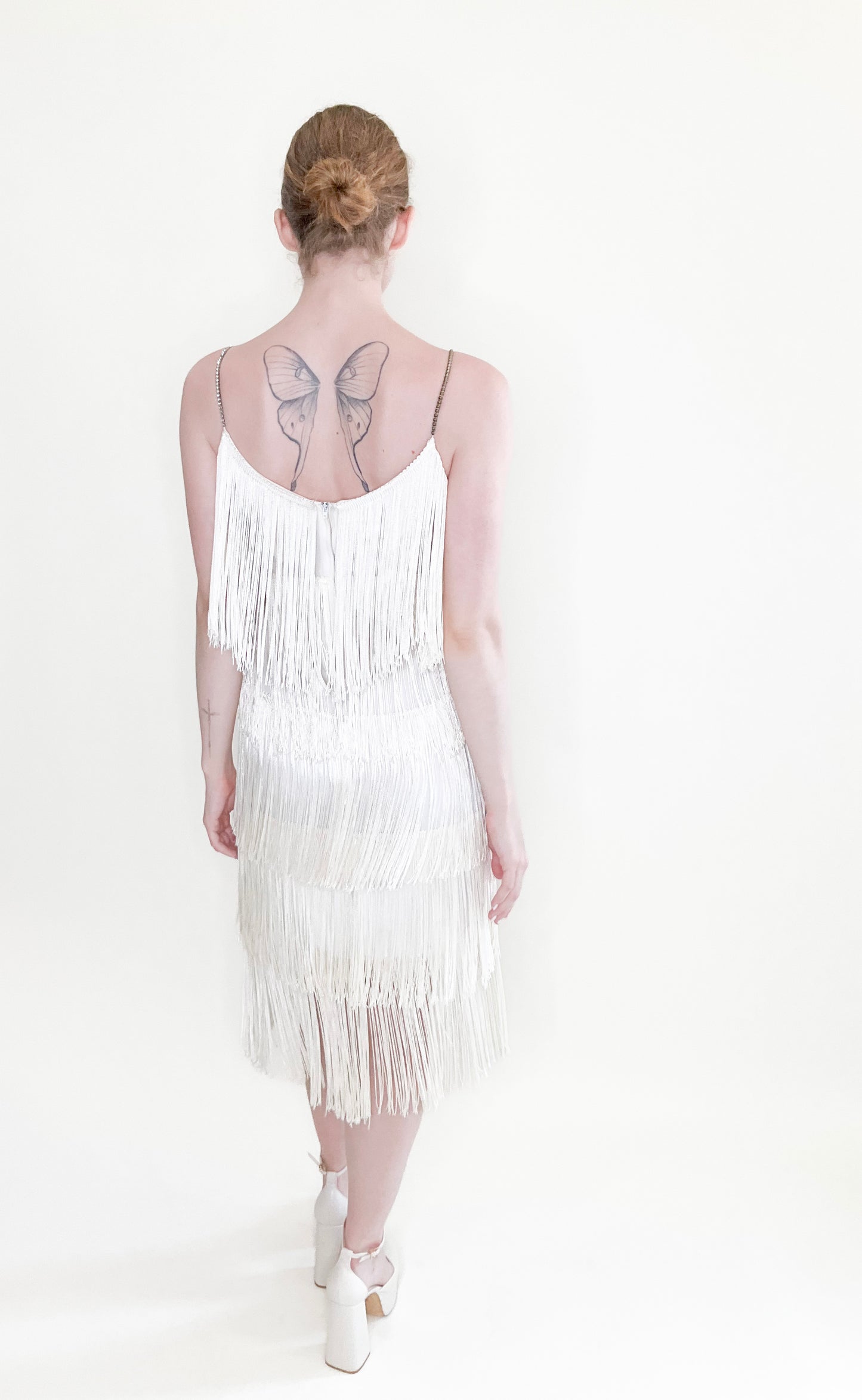 White Fringe Cocktail Dress with Rhinestone straps - The Kit Vintage