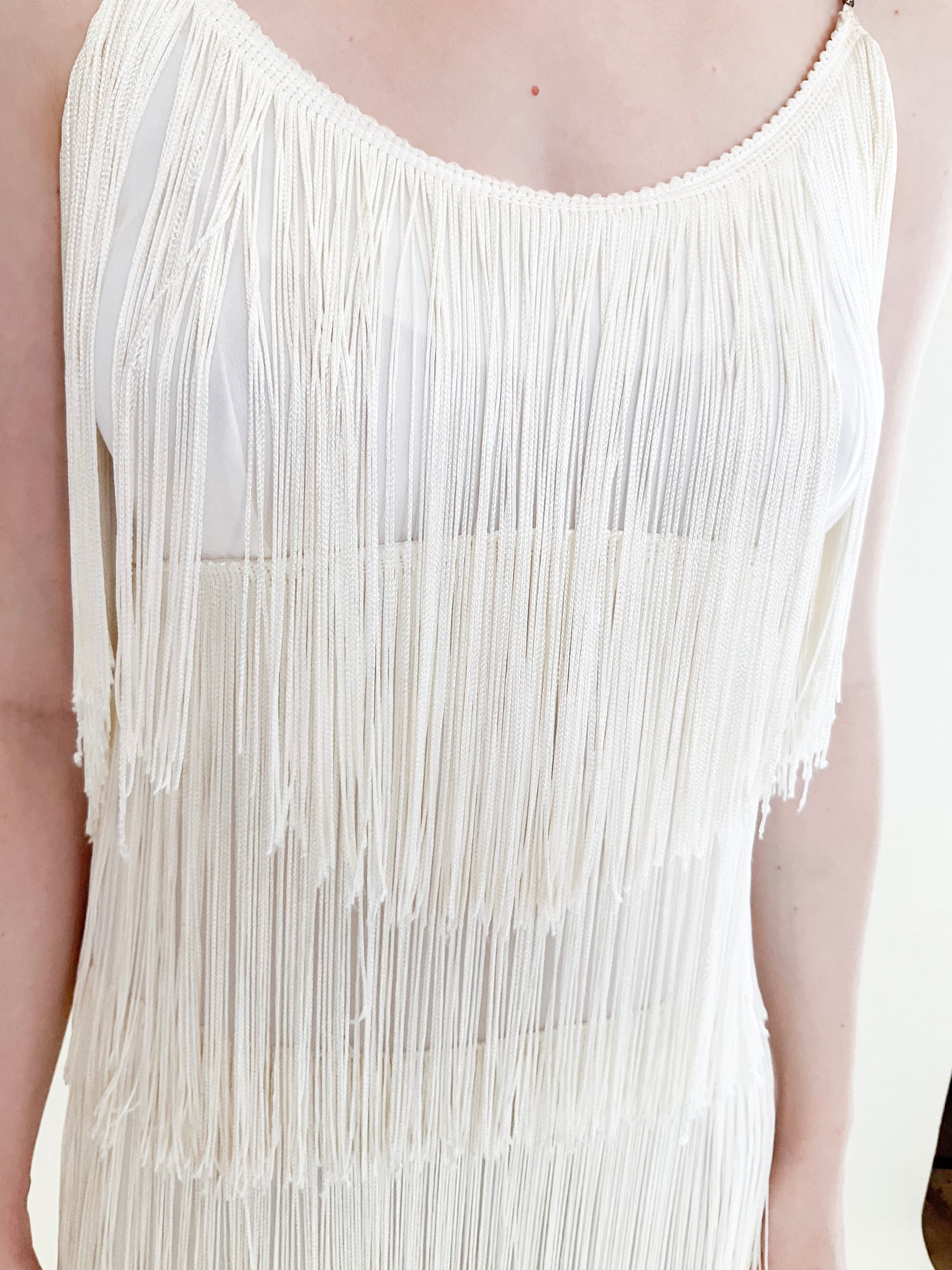 White Fringe Cocktail Dress with Rhinestone straps - The Kit Vintage