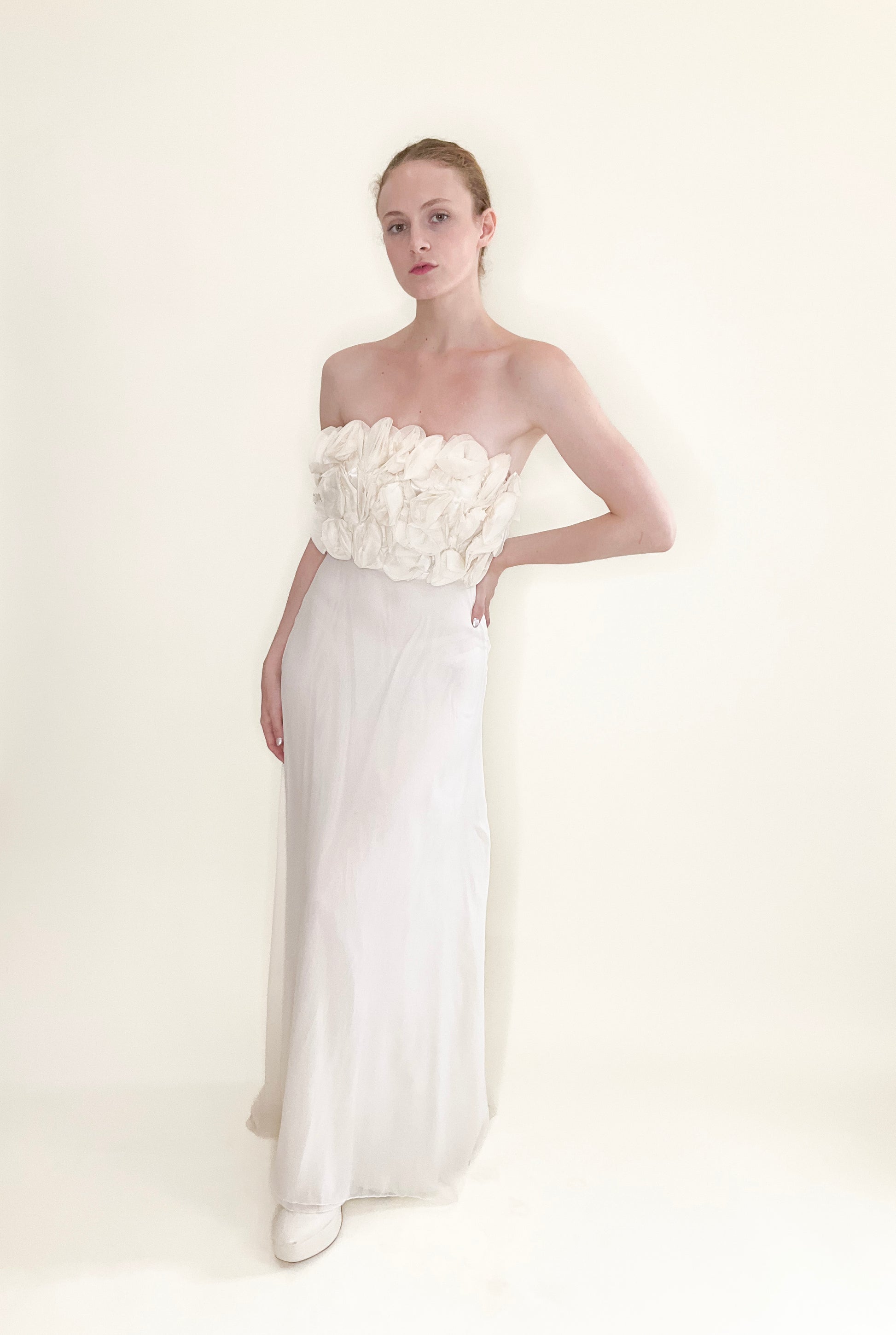 Strapless Floral Top Ivory Silk Dress - The Kit Vintage
