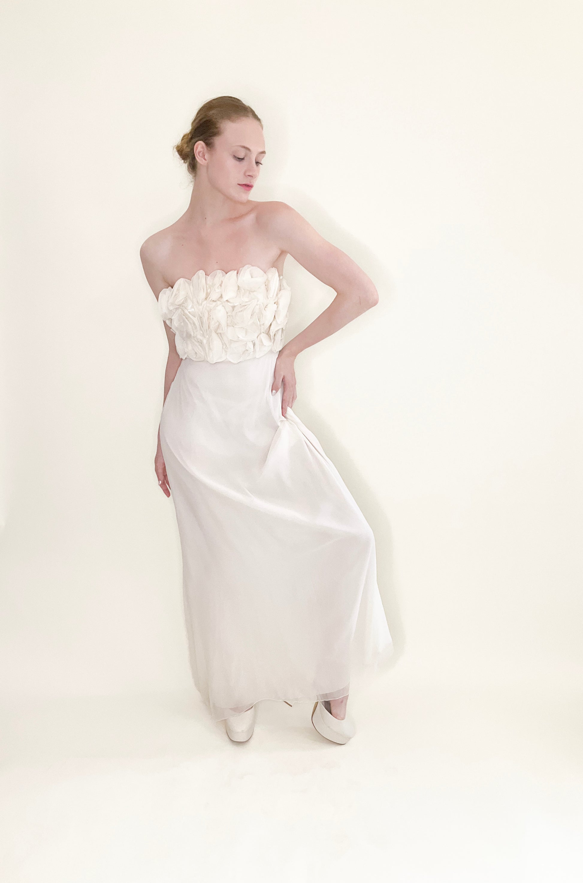 Strapless Floral Top Ivory Silk Dress - The Kit Vintage