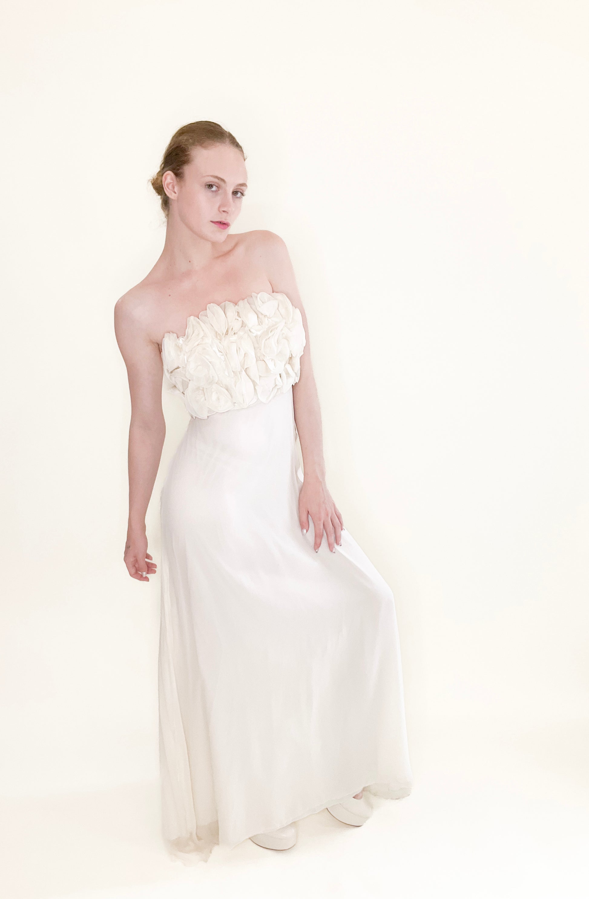 Strapless Floral Top Ivory Silk Dress - The Kit Vintage