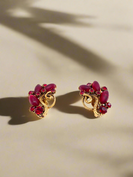 Signed Red Matte Stone Climber Clip-On Earrings - The Kit Vintage