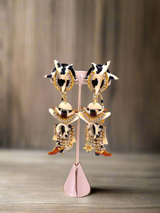 Lunch at The Ritz Cow Print Western boots & Hat Earrings - The Kit Vintage