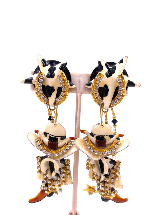 Lunch at The Ritz Cow Print Western boots & Hat Earrings - The Kit Vintage