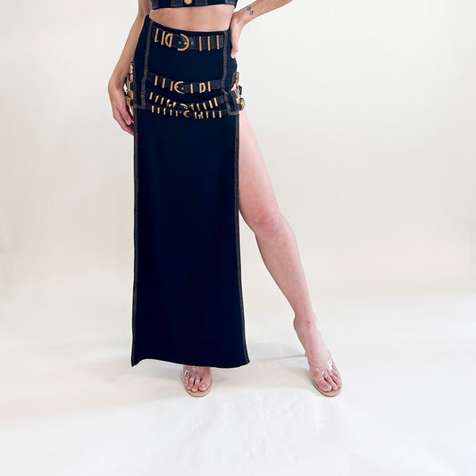 Gianni Versace F/W 1992 "Miss S&M" Black Leather with Gold Hardware Buckled Maxi Skirt - The Kit Vintage