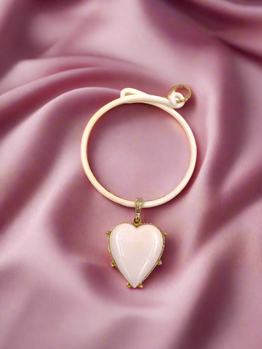 Vintage Enamel Cream Heart Pendant Choker Necklace with Gold Trim - The Kit Vintage