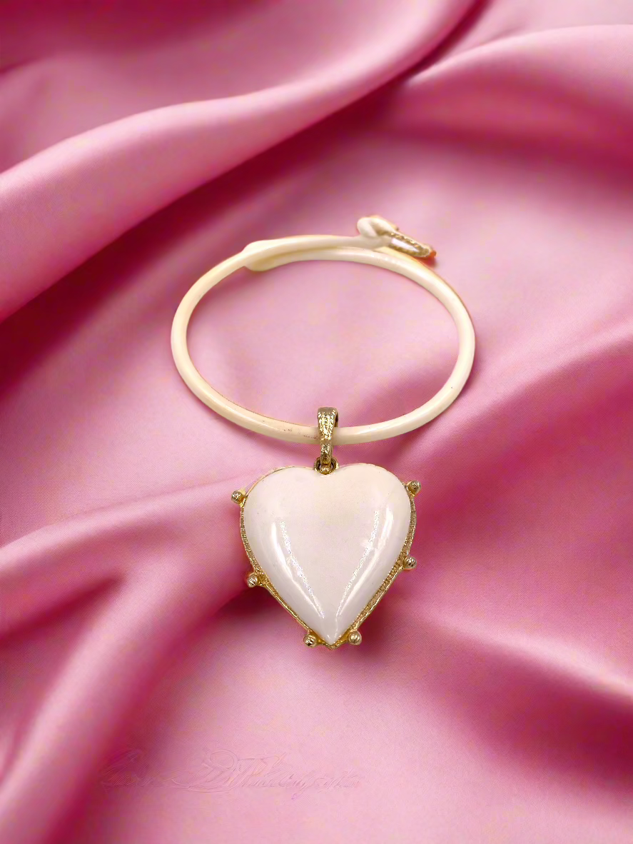 Vintage Enamel Cream Heart Pendant Choker Necklace with Gold Trim - The Kit Vintage
