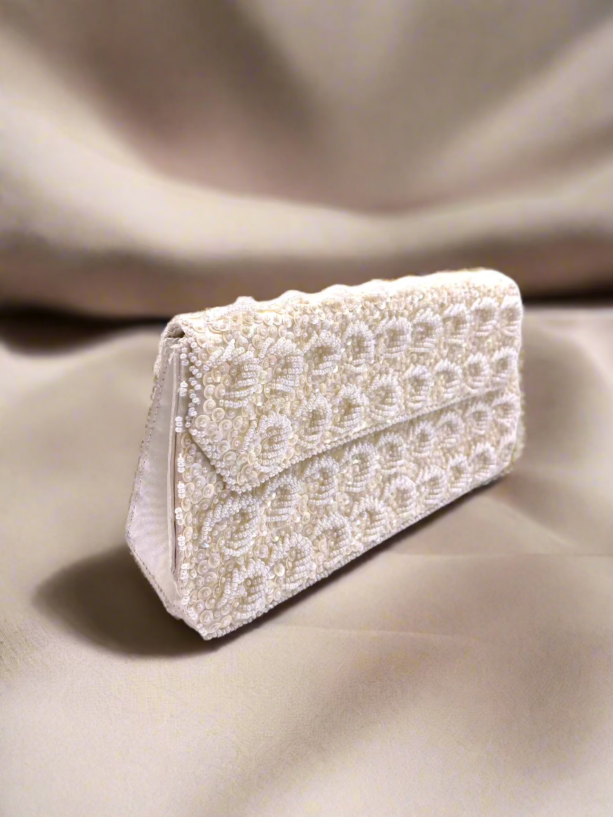 La Regale Vintage Hand Made White Half Moon Beaded & Sequin Clutch - The Kit Vintage