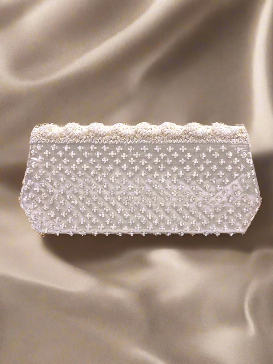 La Regale Vintage Hand Made White Half Moon Beaded & Sequin Clutch