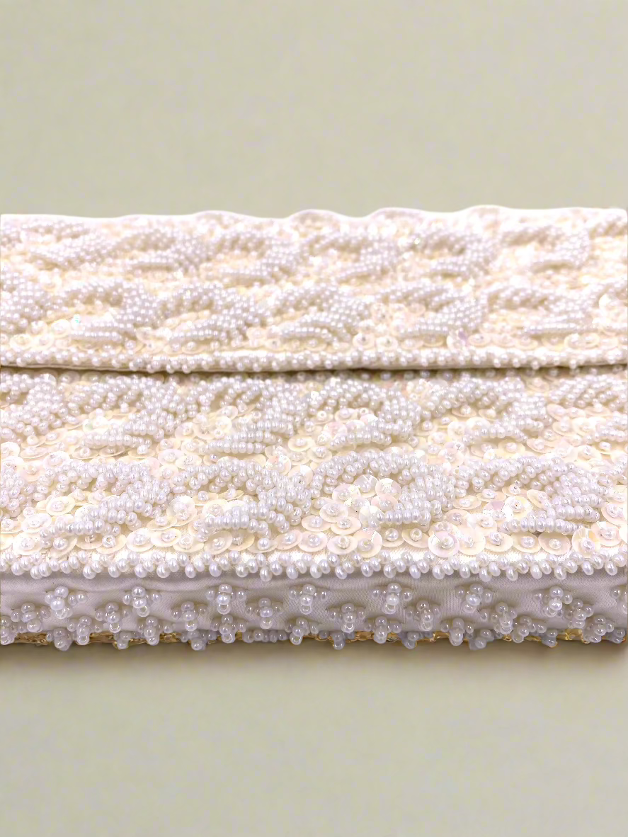 La Regale Vintage Hand Made White Half Moon Beaded & Sequin Clutch