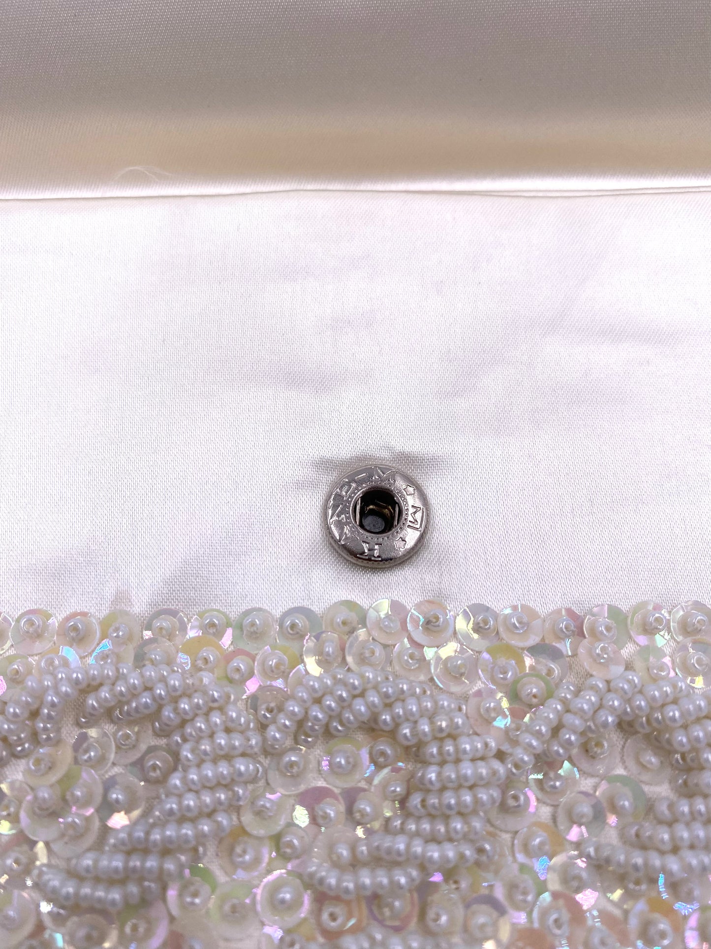 La Regale Vintage Hand Made White Half Moon Beaded & Sequin Clutch