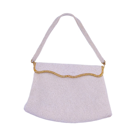 Hard Top Vintage White Beaded Hand Made Purse with Rhinestones and Gold Trim - The Kit Vintage