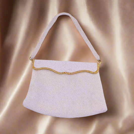 Hard Top Vintage White Beaded Hand Made Purse with Rhinestones and Gold Trim - The Kit Vintage