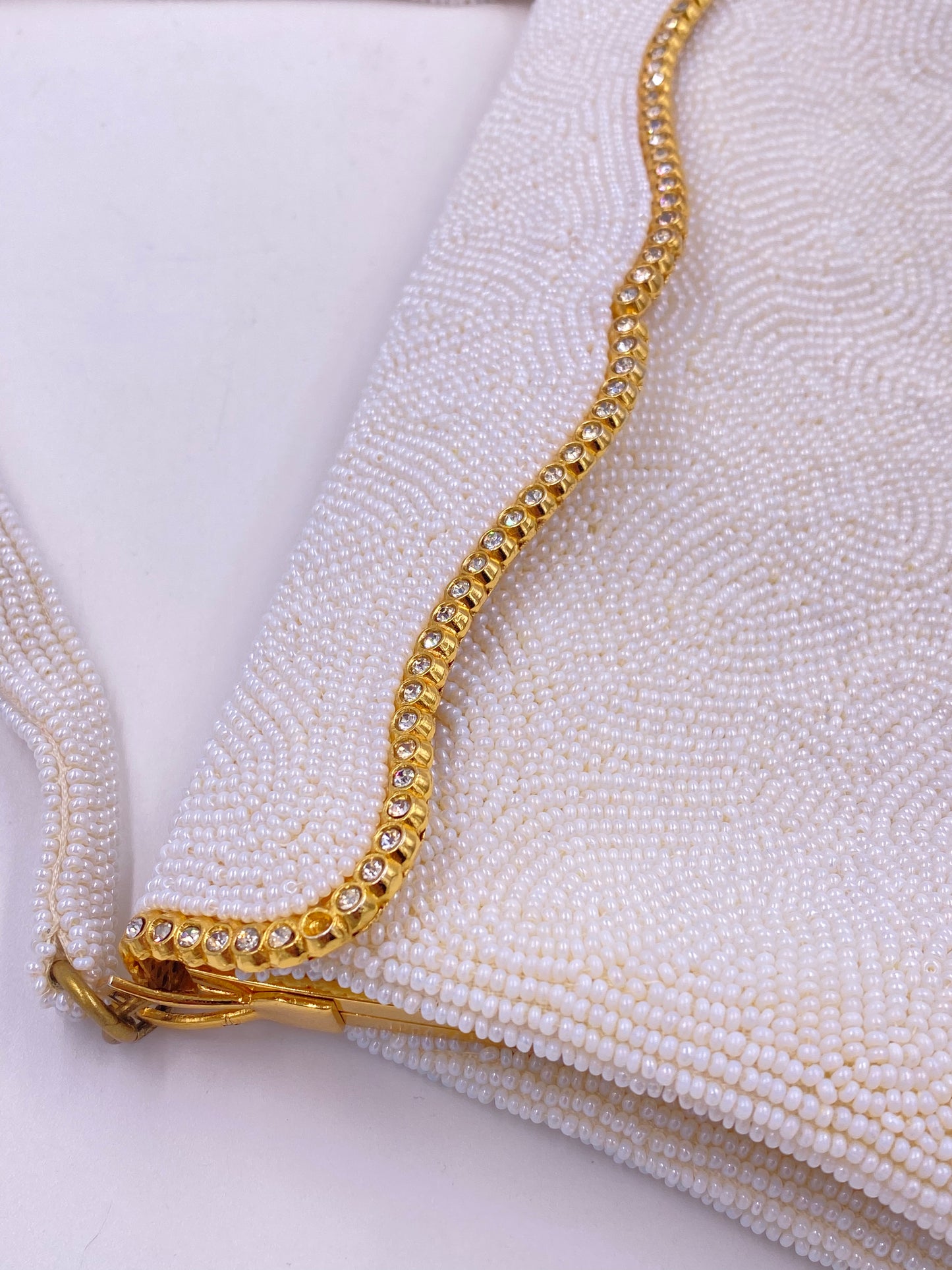 Hard Top Vintage White Beaded Hand Made Purse with Rhinestones and Gold Trim