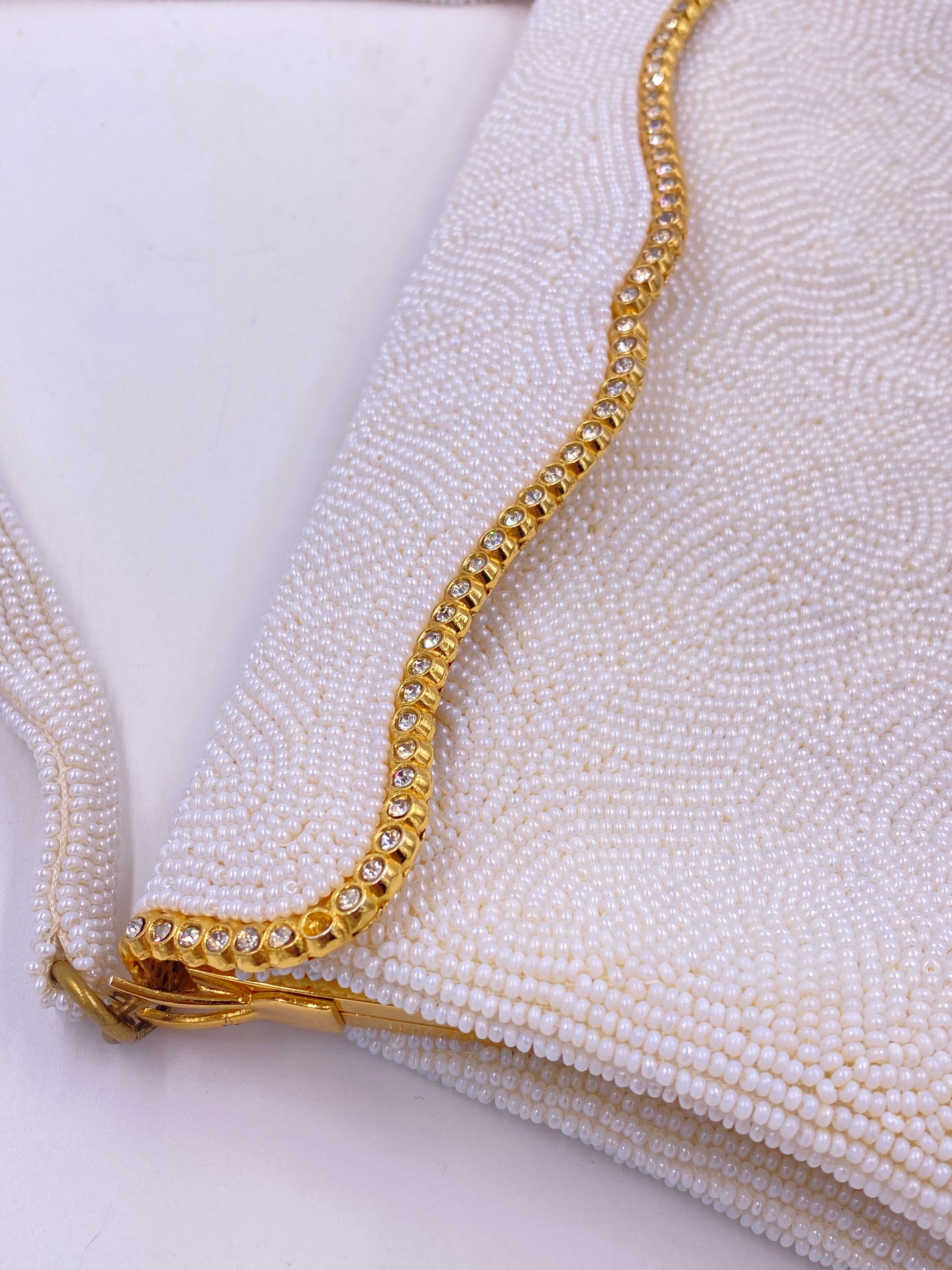 Hard Top Vintage White Beaded Hand Made Purse with Rhinestones and Gold Trim - The Kit Vintage