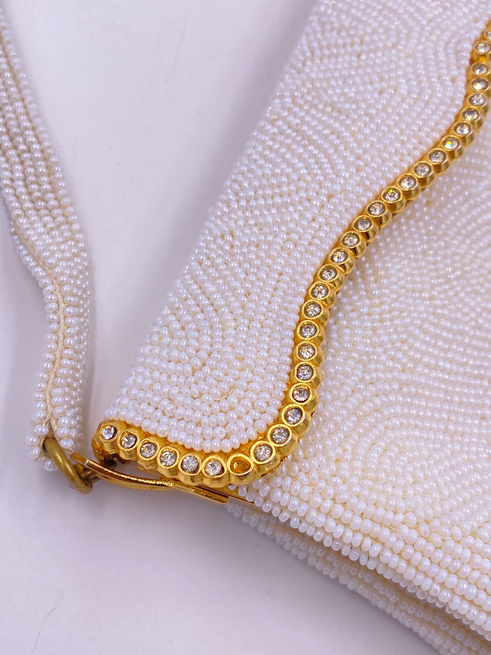Hard Top Vintage White Beaded Hand Made Purse with Rhinestones and Gold Trim - The Kit Vintage