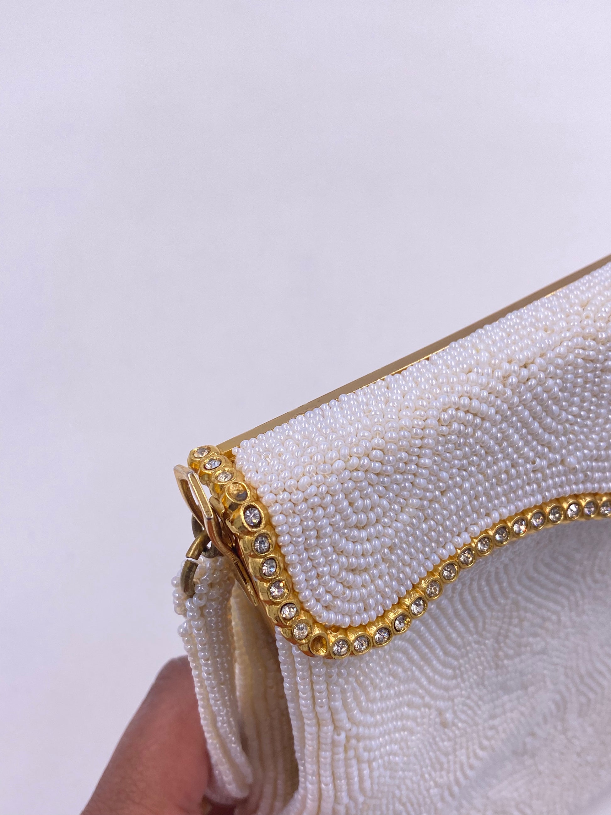 Hard Top Vintage White Beaded Hand Made Purse with Rhinestones and Gold Trim - The Kit Vintage